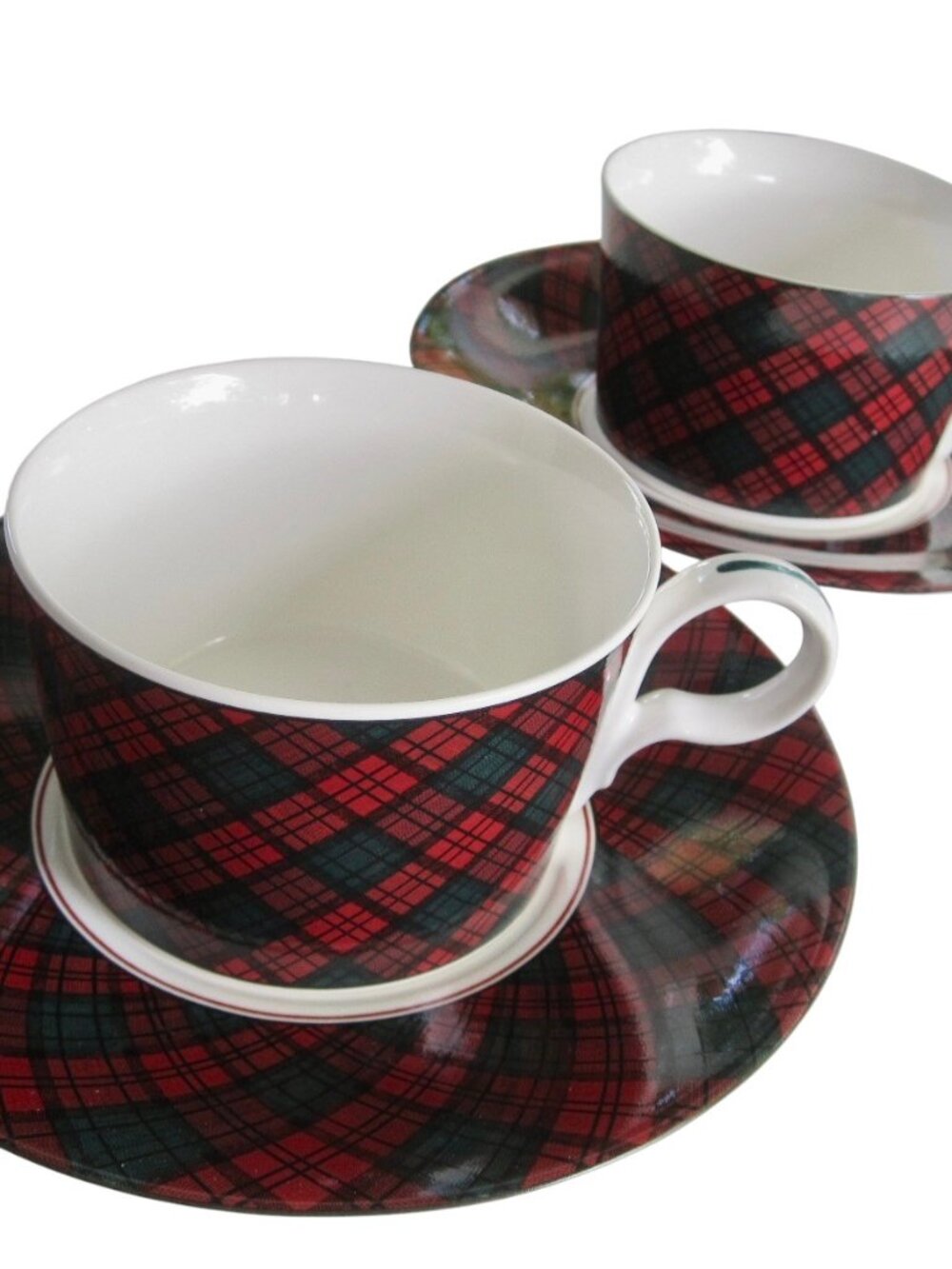 Vintage 80s Arita Tartan Red Plaid Cup & Saucer 2 Sets Preppy Christmas JAPAN